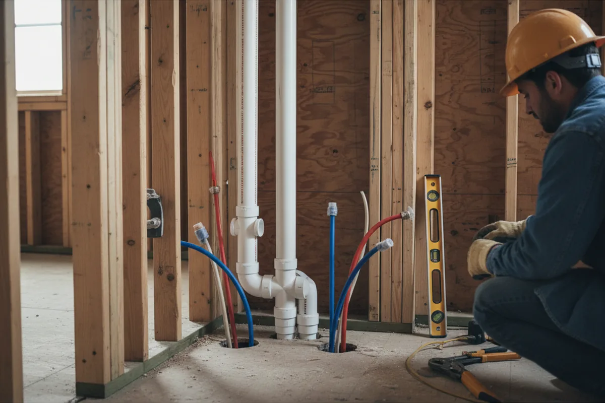 Drain and supply rough-in during Leak Detection in Red Oak