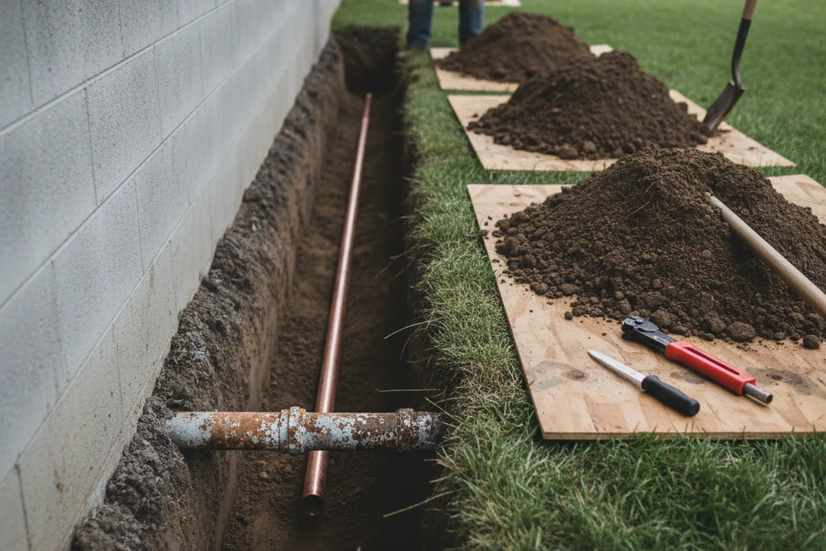 Excavated water line trench during Sewer Line Repair in Red Oak